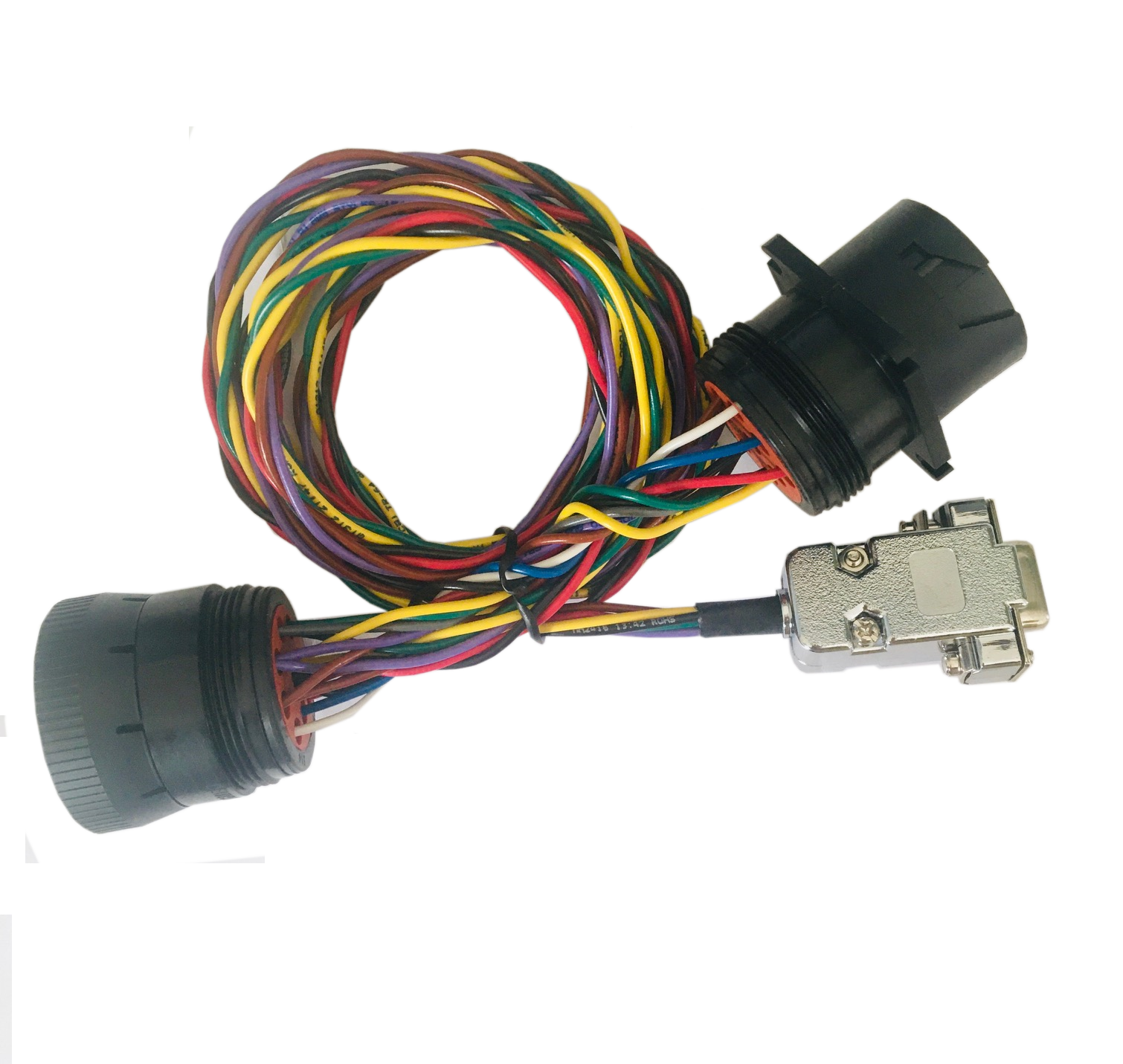 Au Y cable with two 9-way black connectors and a DB9 female connector, twisted wires, 48 inch length.